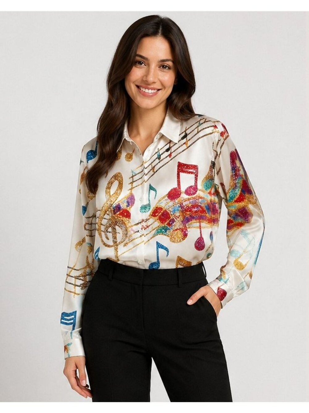 Music Notes Blouse Size L Satin Look White Button Front Music Teacher